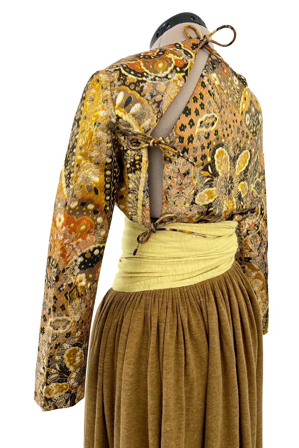 1970s Madame Gres Haute Couture Wide Leg Pant Set w Metallic Gold Part Open Tie Top