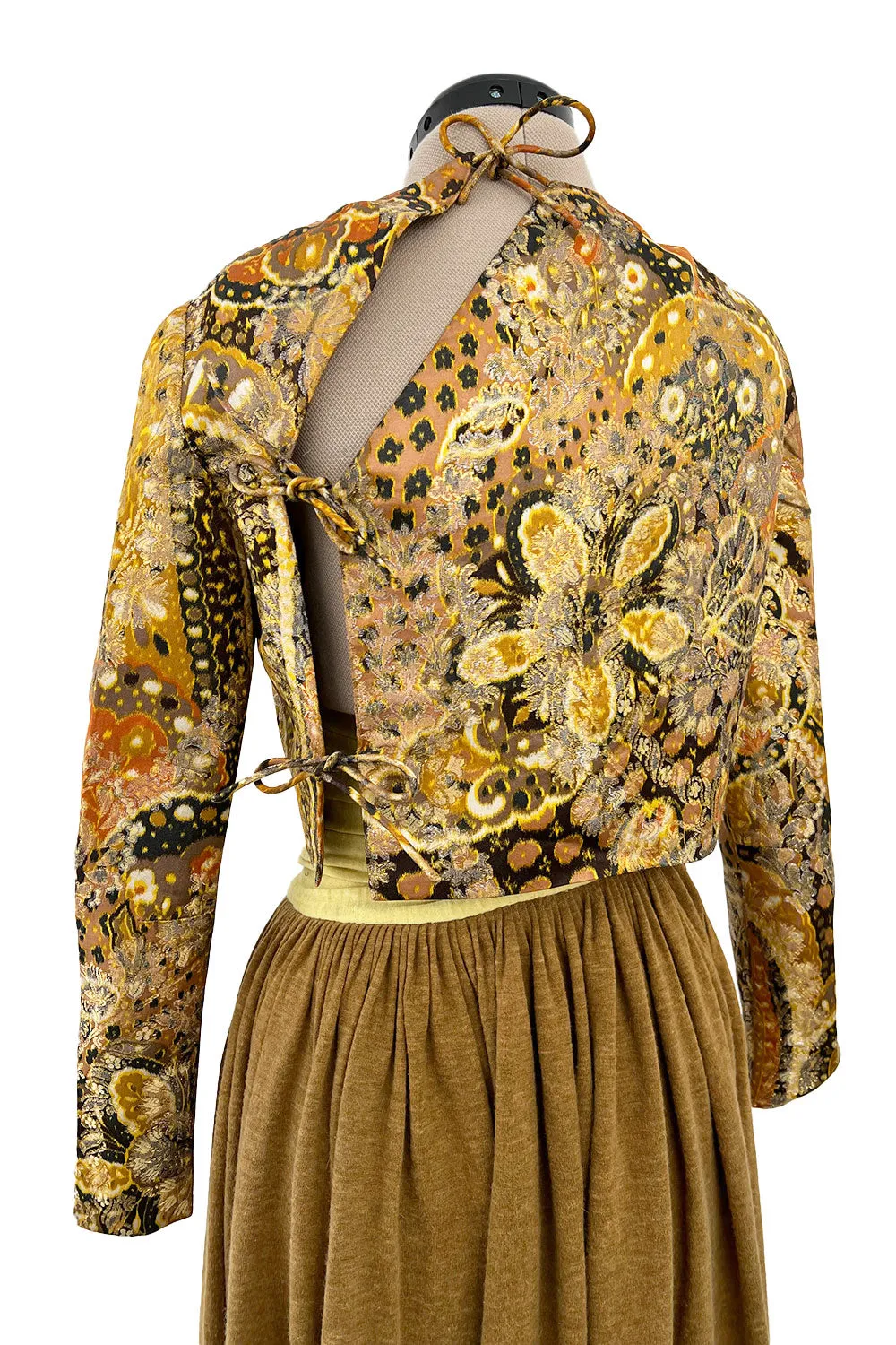 1970s Madame Gres Haute Couture Wide Leg Pant Set w Metallic Gold Part Open Tie Top