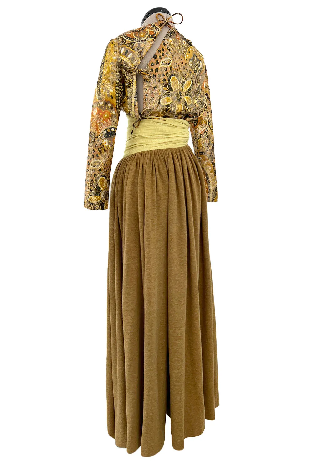 1970s Madame Gres Haute Couture Wide Leg Pant Set w Metallic Gold Part Open Tie Top