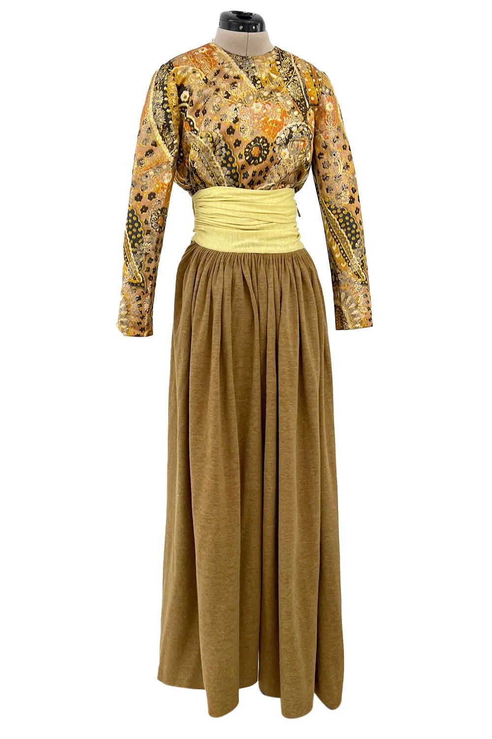 1970s Madame Gres Haute Couture Wide Leg Pant Set w Metallic Gold Part Open Tie Top