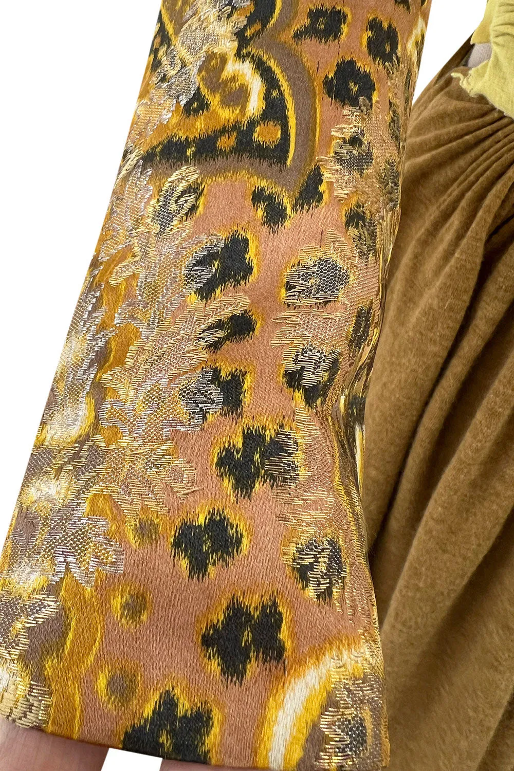 1970s Madame Gres Haute Couture Wide Leg Pant Set w Metallic Gold Part Open Tie Top