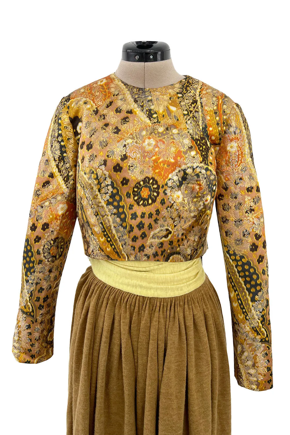 1970s Madame Gres Haute Couture Wide Leg Pant Set w Metallic Gold Part Open Tie Top
