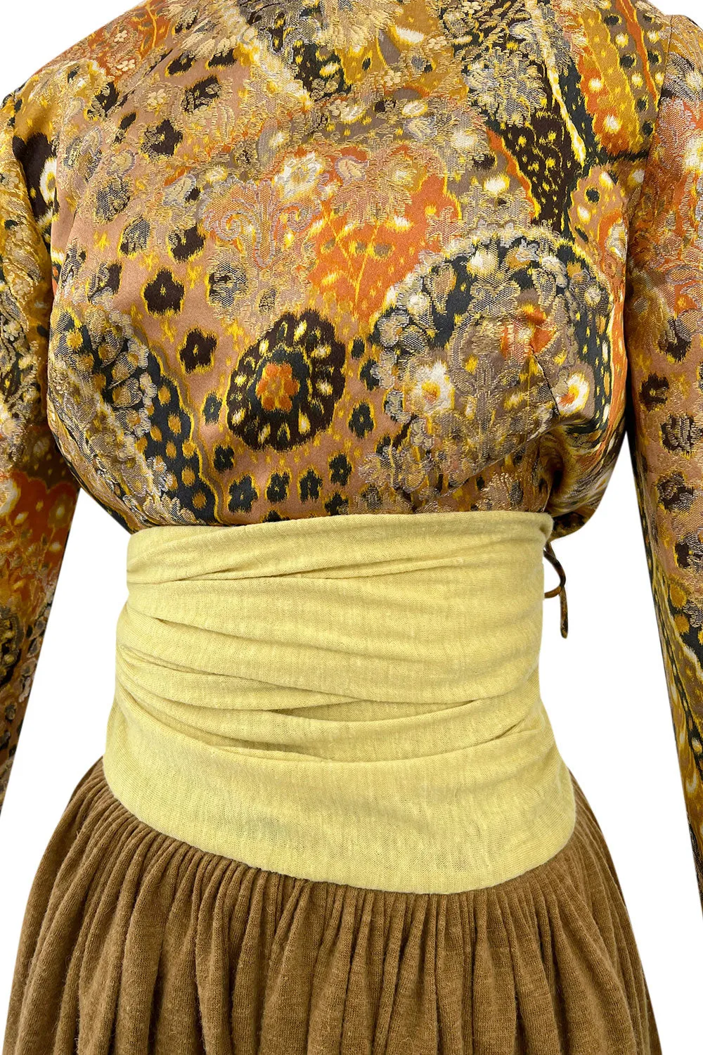 1970s Madame Gres Haute Couture Wide Leg Pant Set w Metallic Gold Part Open Tie Top