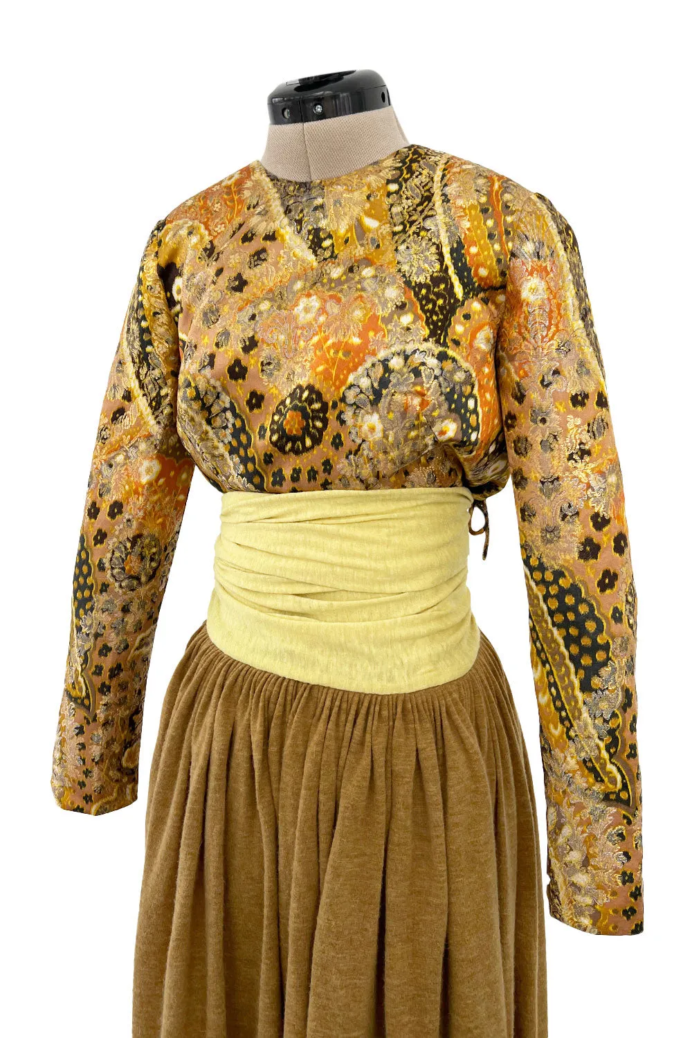 1970s Madame Gres Haute Couture Wide Leg Pant Set w Metallic Gold Part Open Tie Top