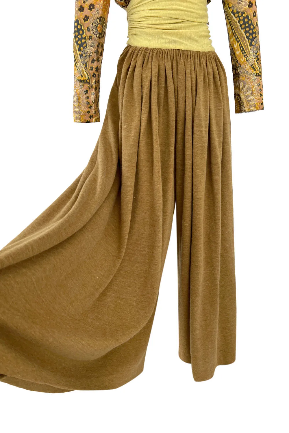 1970s Madame Gres Haute Couture Wide Leg Pant Set w Metallic Gold Part Open Tie Top