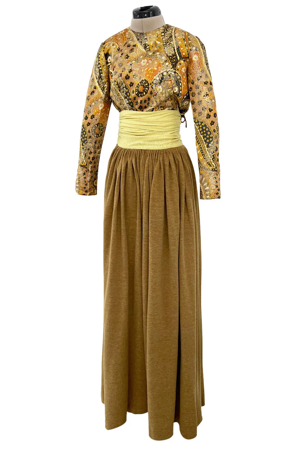 1970s Madame Gres Haute Couture Wide Leg Pant Set w Metallic Gold Part Open Tie Top