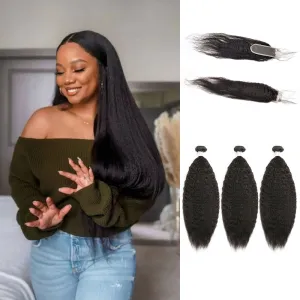2x6 Lace Closure with Yaki Straight 3 Human Hair Weave Bundles Malaysian Virgin Hair