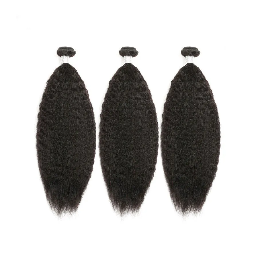 2x6 Lace Closure with Yaki Straight 3 Human Hair Weave Bundles Malaysian Virgin Hair