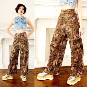 90s Does 60s Rayon Blend Print Pants, Wide-leg in Brown Black Cream / Medium