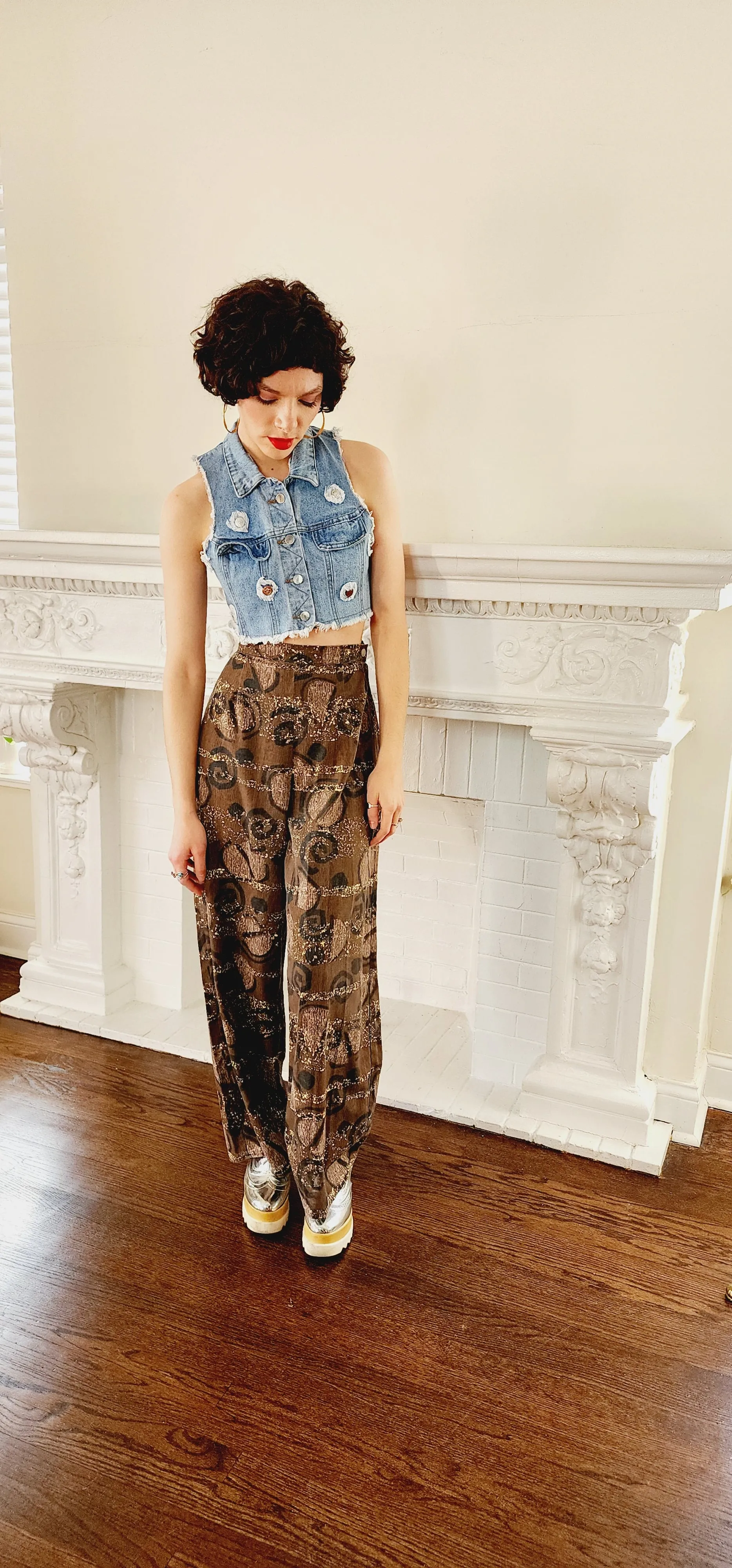 90s Does 60s Rayon Blend Print Pants, Wide-leg in Brown Black Cream / Medium