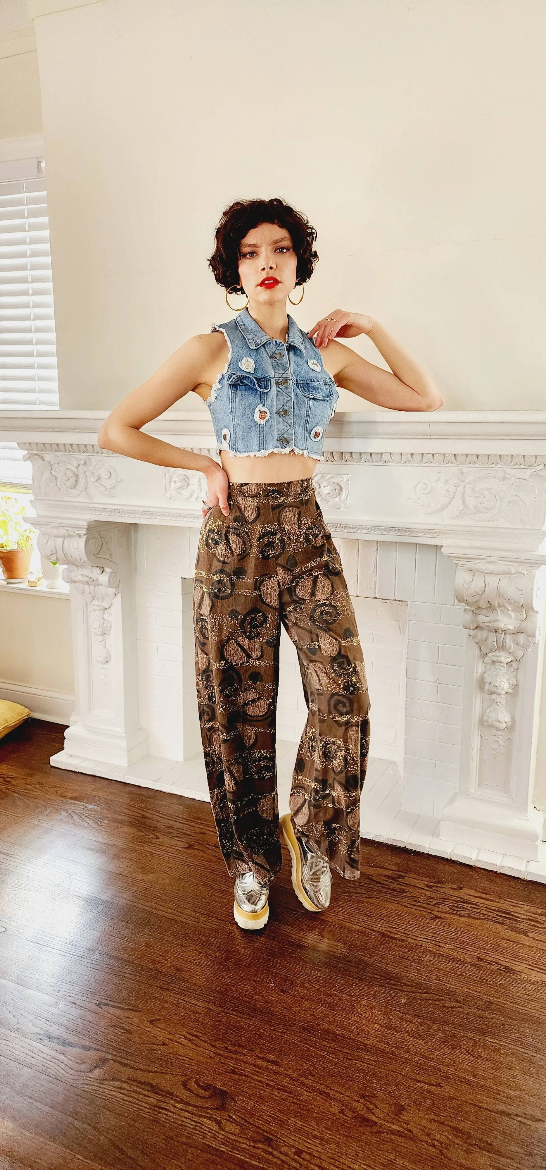 90s Does 60s Rayon Blend Print Pants, Wide-leg in Brown Black Cream / Medium