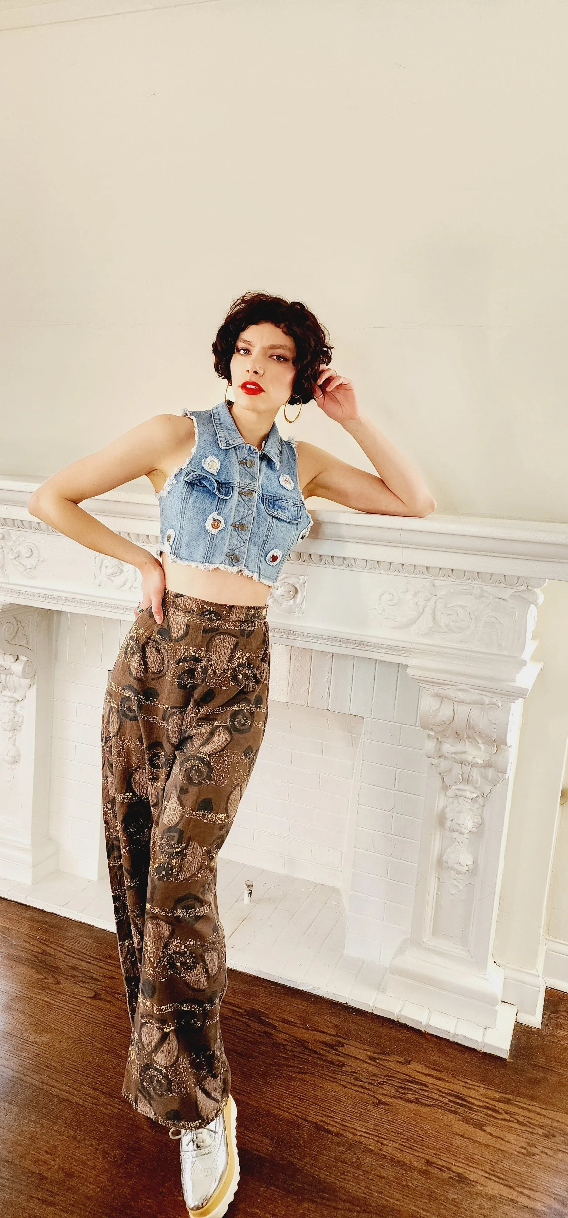 90s Does 60s Rayon Blend Print Pants, Wide-leg in Brown Black Cream / Medium