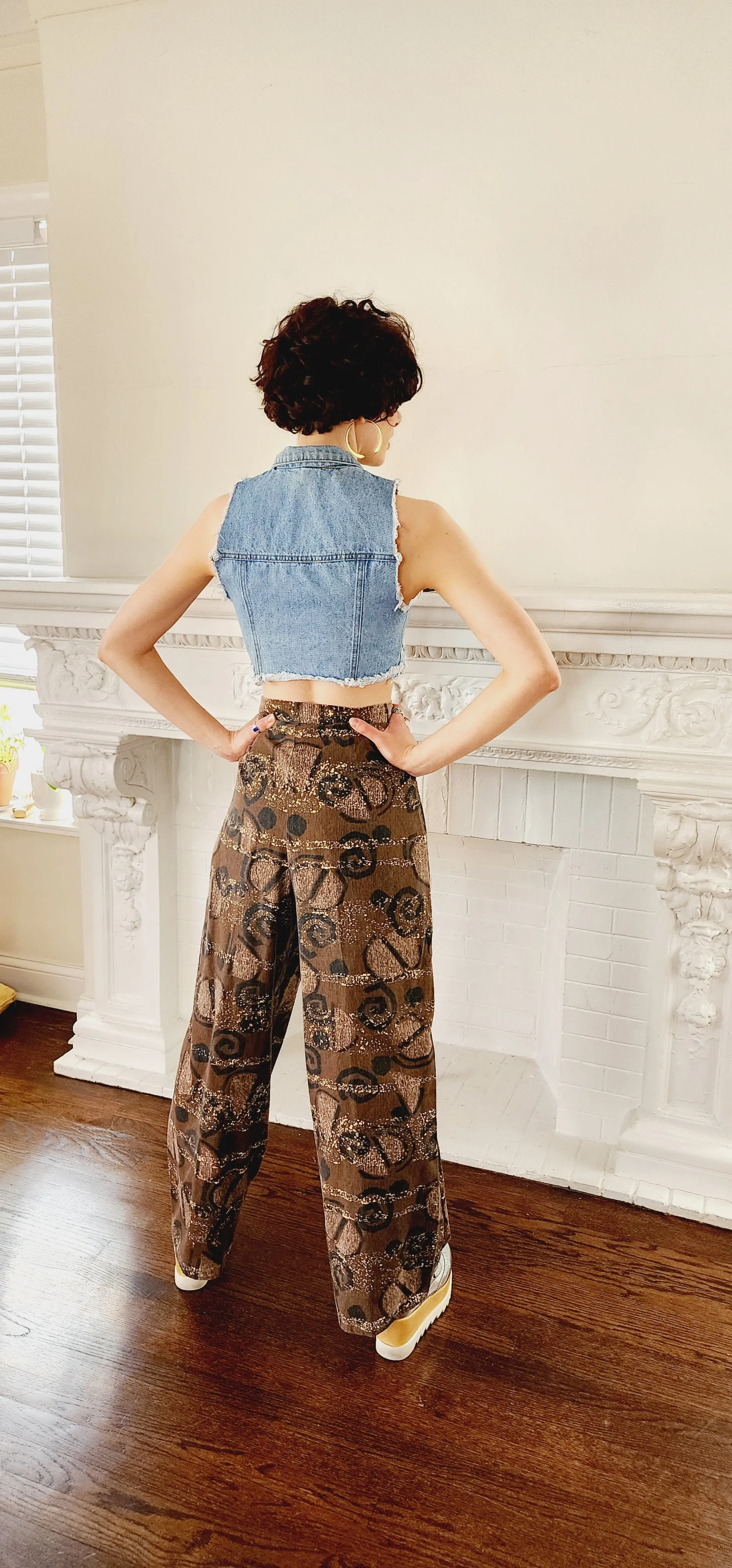 90s Does 60s Rayon Blend Print Pants, Wide-leg in Brown Black Cream / Medium