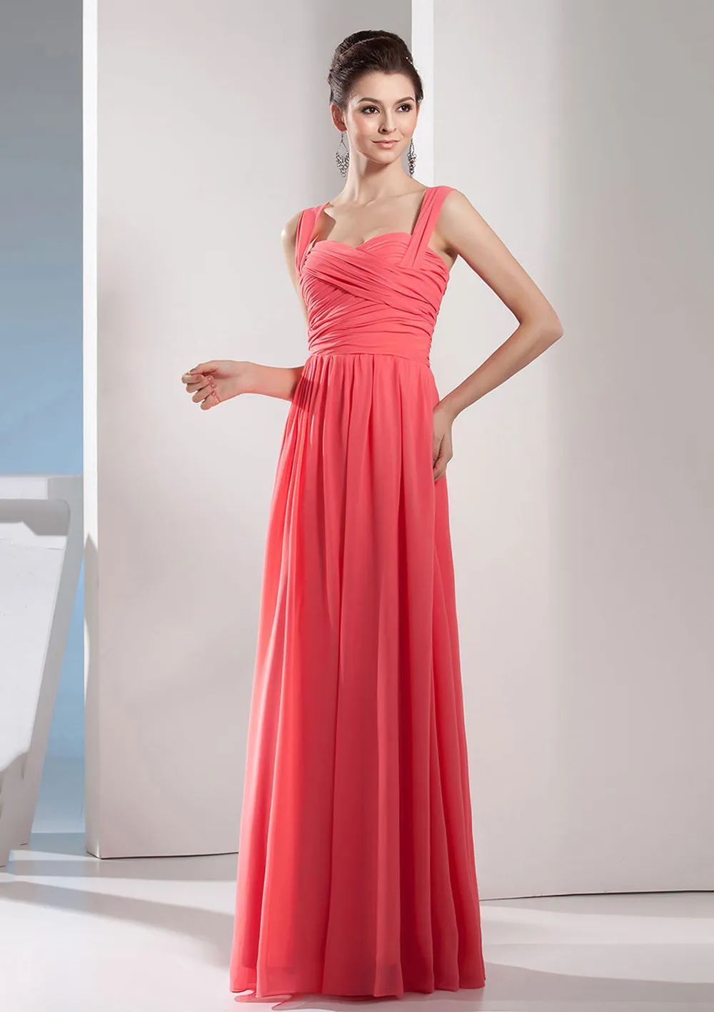 A-line Sweetheart Sleeveless Floor-Length Watermelon Chiffon Bridesmaid Dress, Pleated