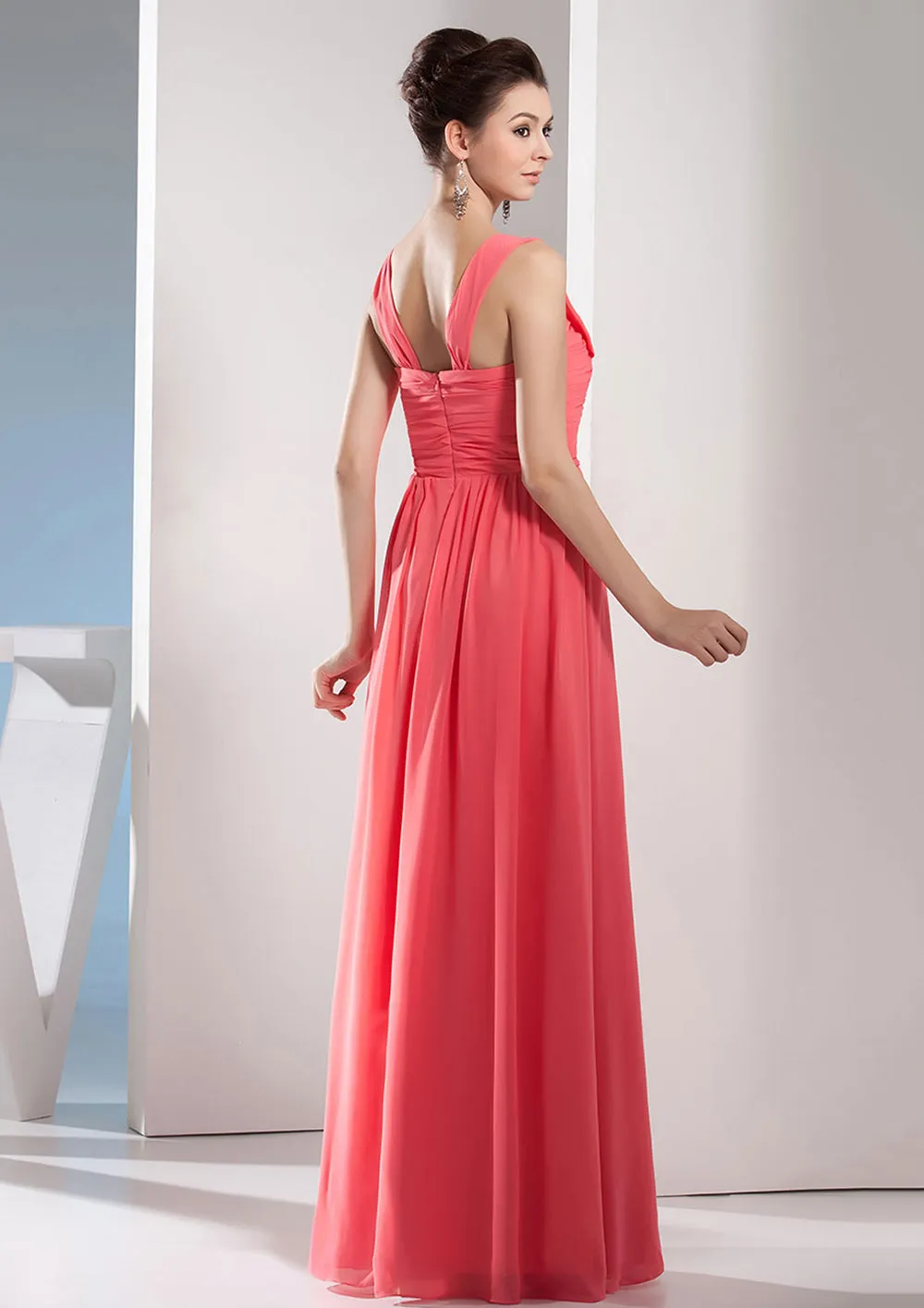 A-line Sweetheart Sleeveless Floor-Length Watermelon Chiffon Bridesmaid Dress, Pleated