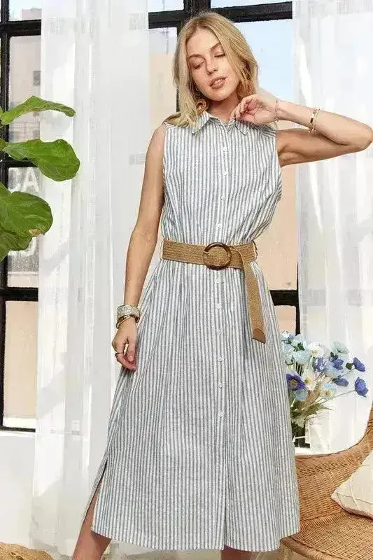 ADORA Striped Button Down Dress – Cotton Midi Sleeveless
