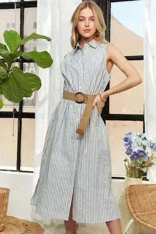 ADORA Striped Button Down Dress – Cotton Midi Sleeveless