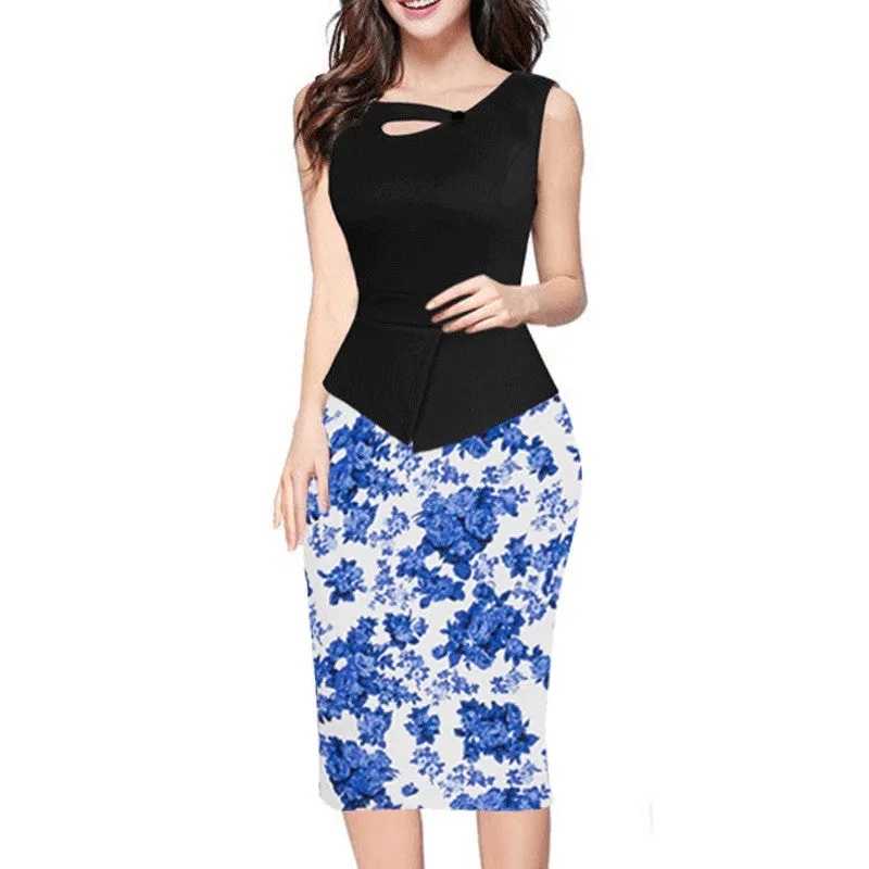 Alglam Doll One-Piece Women Print Patchwork Pencil Dress Knee-Length Slim Sheath Bodycon Office Ladies Work S-XXL Vestido Dress