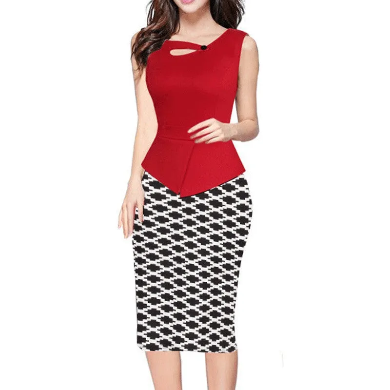 Alglam Doll One-Piece Women Print Patchwork Pencil Dress Knee-Length Slim Sheath Bodycon Office Ladies Work S-XXL Vestido Dress