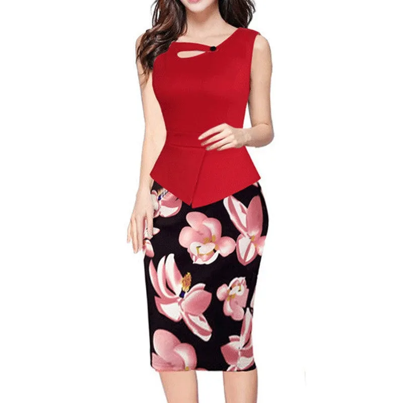 Alglam Doll One-Piece Women Print Patchwork Pencil Dress Knee-Length Slim Sheath Bodycon Office Ladies Work S-XXL Vestido Dress