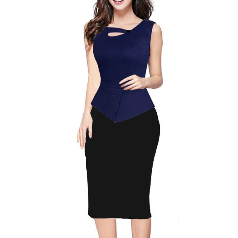 Alglam Doll One-Piece Women Print Patchwork Pencil Dress Knee-Length Slim Sheath Bodycon Office Ladies Work S-XXL Vestido Dress