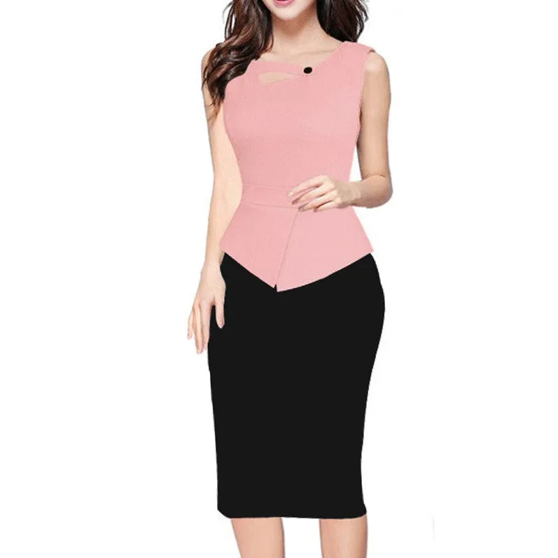 Alglam Doll One-Piece Women Print Patchwork Pencil Dress Knee-Length Slim Sheath Bodycon Office Ladies Work S-XXL Vestido Dress