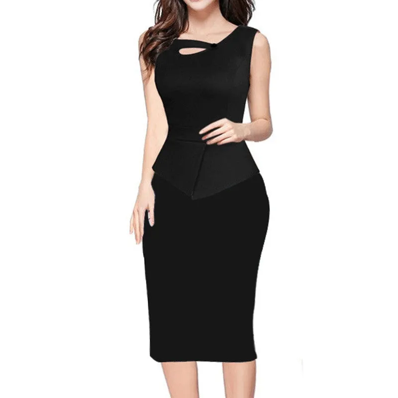 Alglam Doll One-Piece Women Print Patchwork Pencil Dress Knee-Length Slim Sheath Bodycon Office Ladies Work S-XXL Vestido Dress