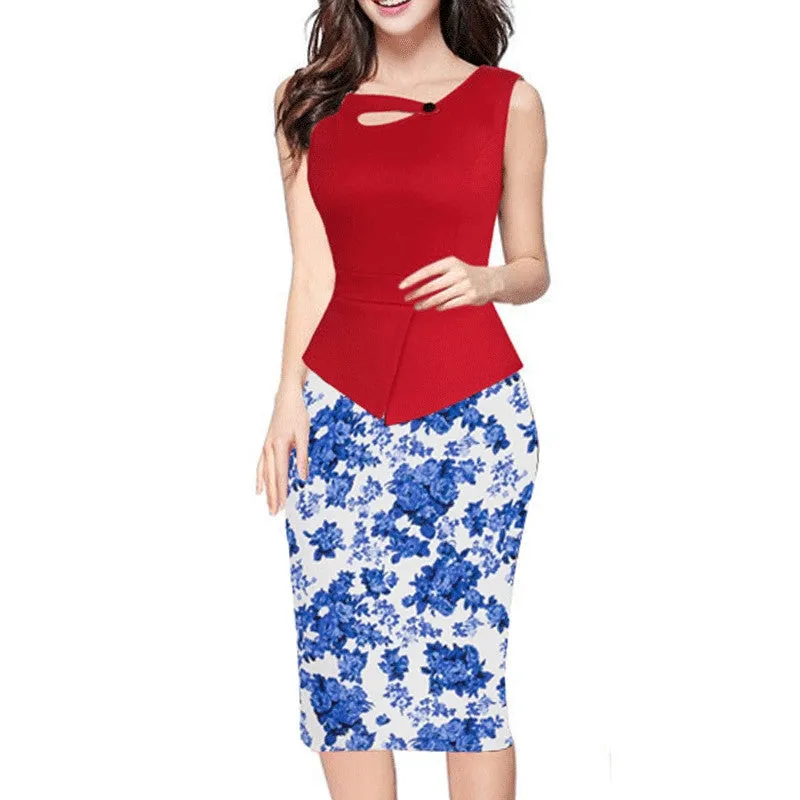 Alglam Doll One-Piece Women Print Patchwork Pencil Dress Knee-Length Slim Sheath Bodycon Office Ladies Work S-XXL Vestido Dress