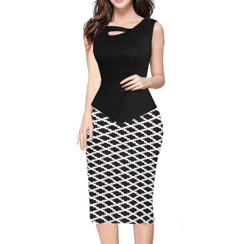 Alglam Doll One-Piece Women Print Patchwork Pencil Dress Knee-Length Slim Sheath Bodycon Office Ladies Work S-XXL Vestido Dress