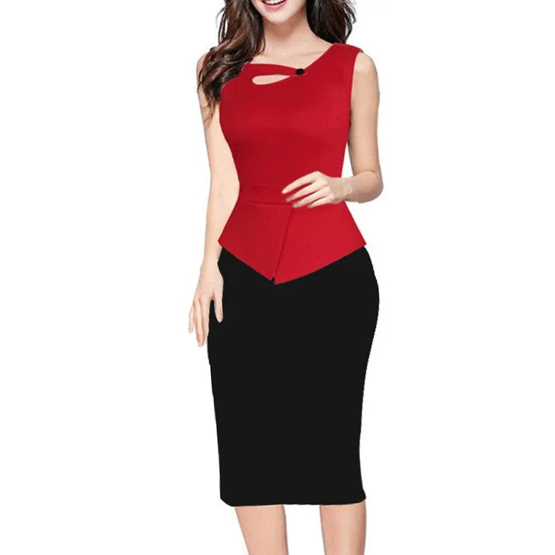 Alglam Doll One-Piece Women Print Patchwork Pencil Dress Knee-Length Slim Sheath Bodycon Office Ladies Work S-XXL Vestido Dress