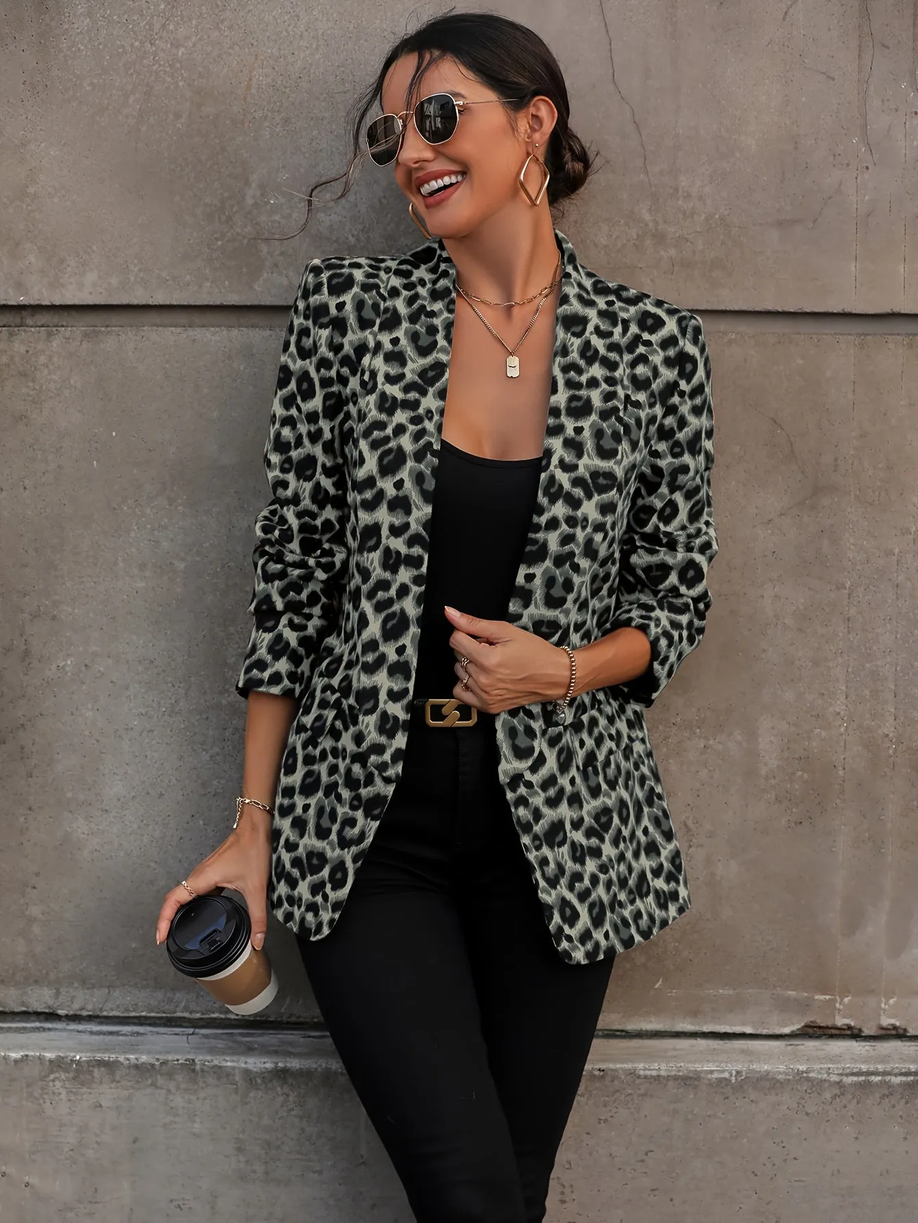 Arely® | Elegant Business Long Blazer With Leopard Print For All Seasons