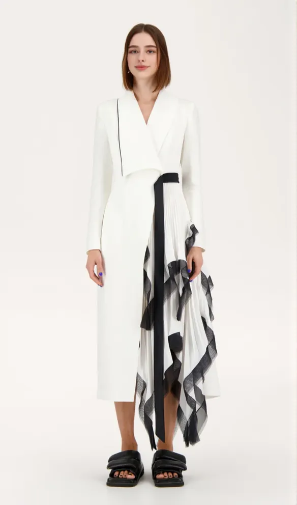 Asymmetric pleated ruffle trim blazer dress in white