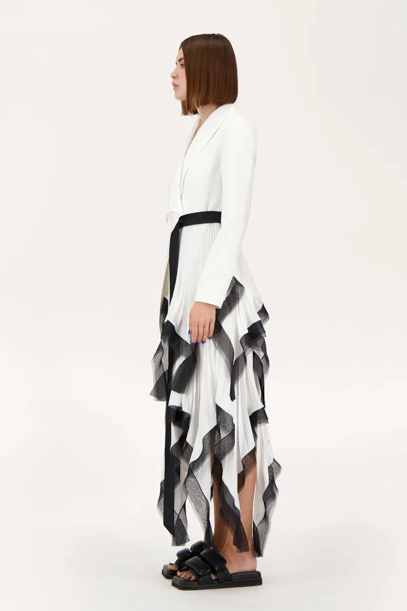 Asymmetric pleated ruffle trim blazer dress in white