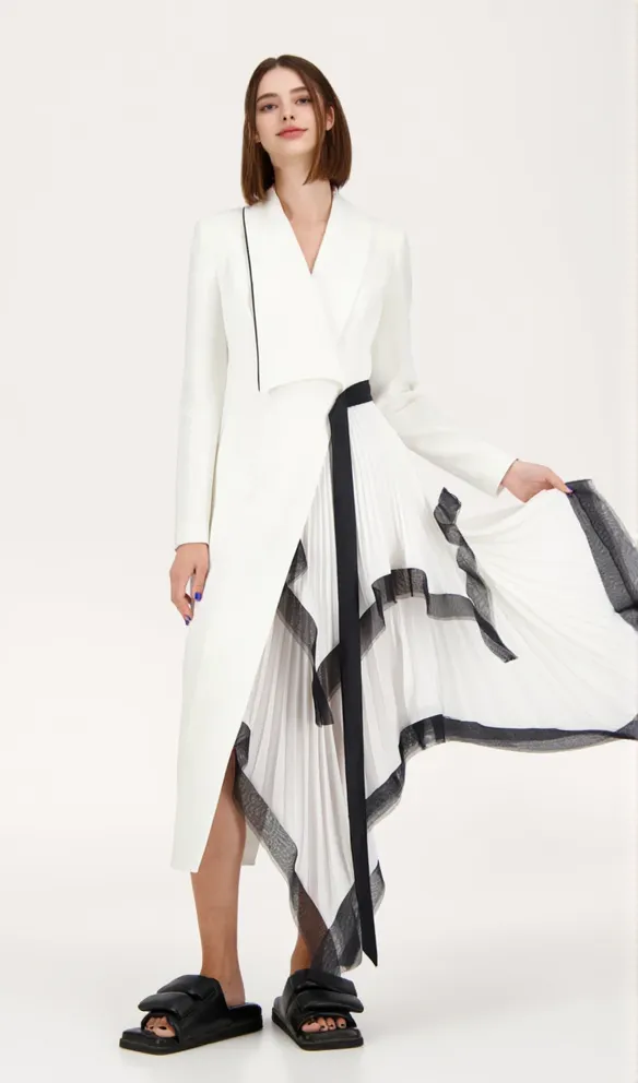 Asymmetric pleated ruffle trim blazer dress in white
