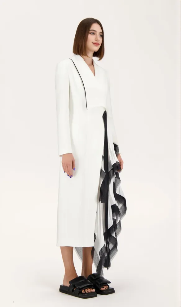 Asymmetric pleated ruffle trim blazer dress in white