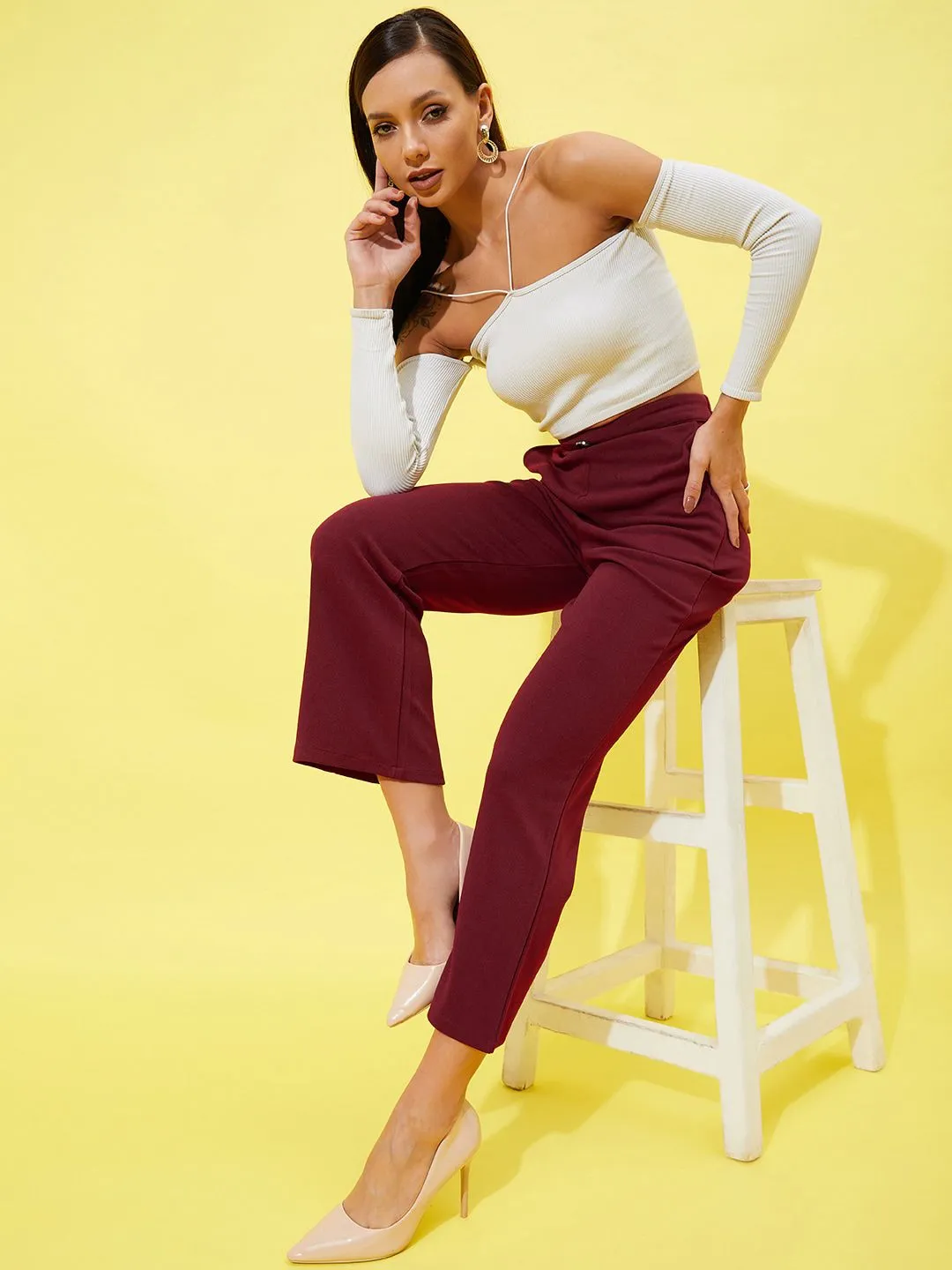 Athena Women Maroon Comfort High-Rise Plain Parallel Trousers