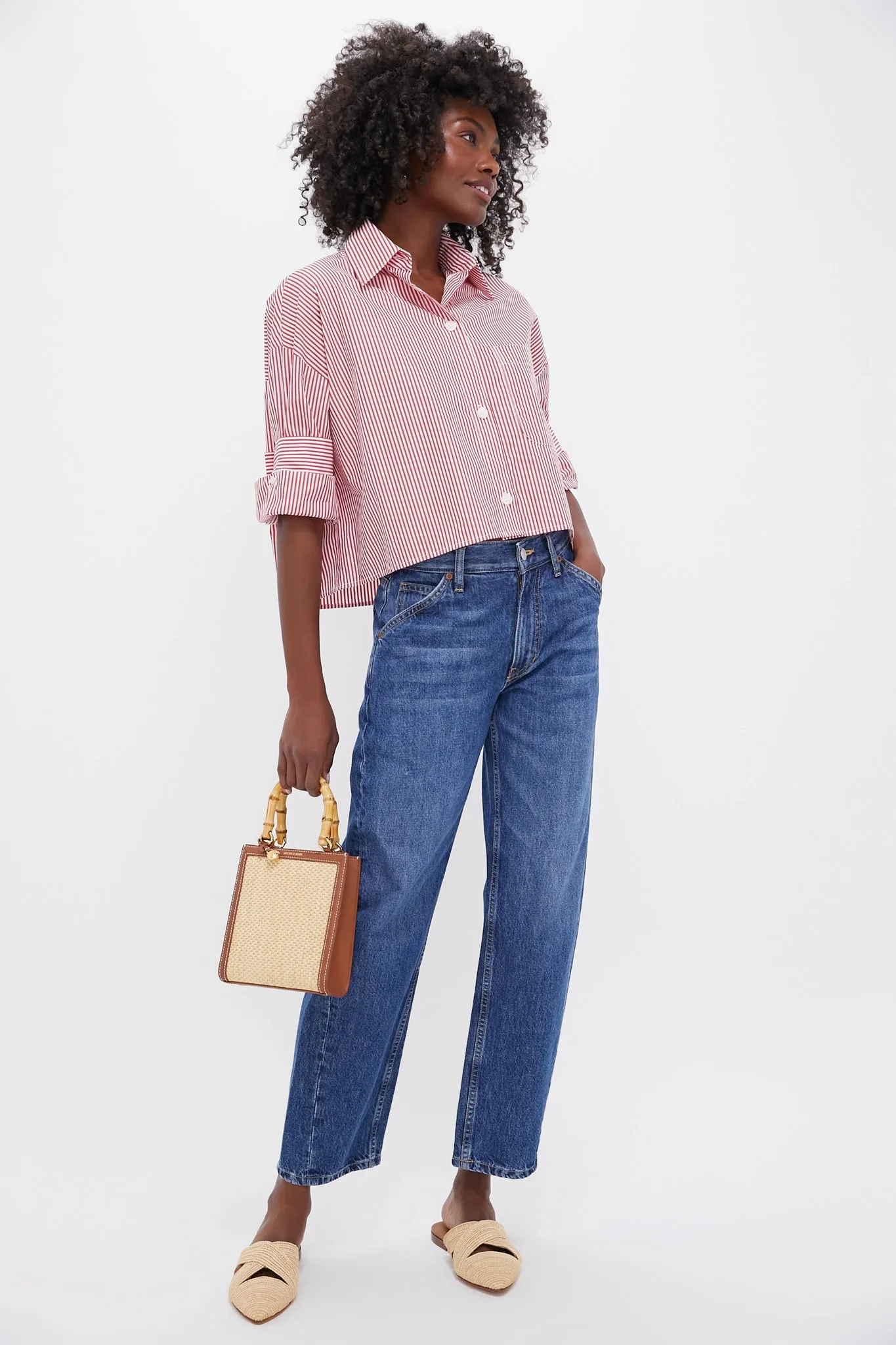 Beige and Hazelwood Small Raffia Bamboo Shopper