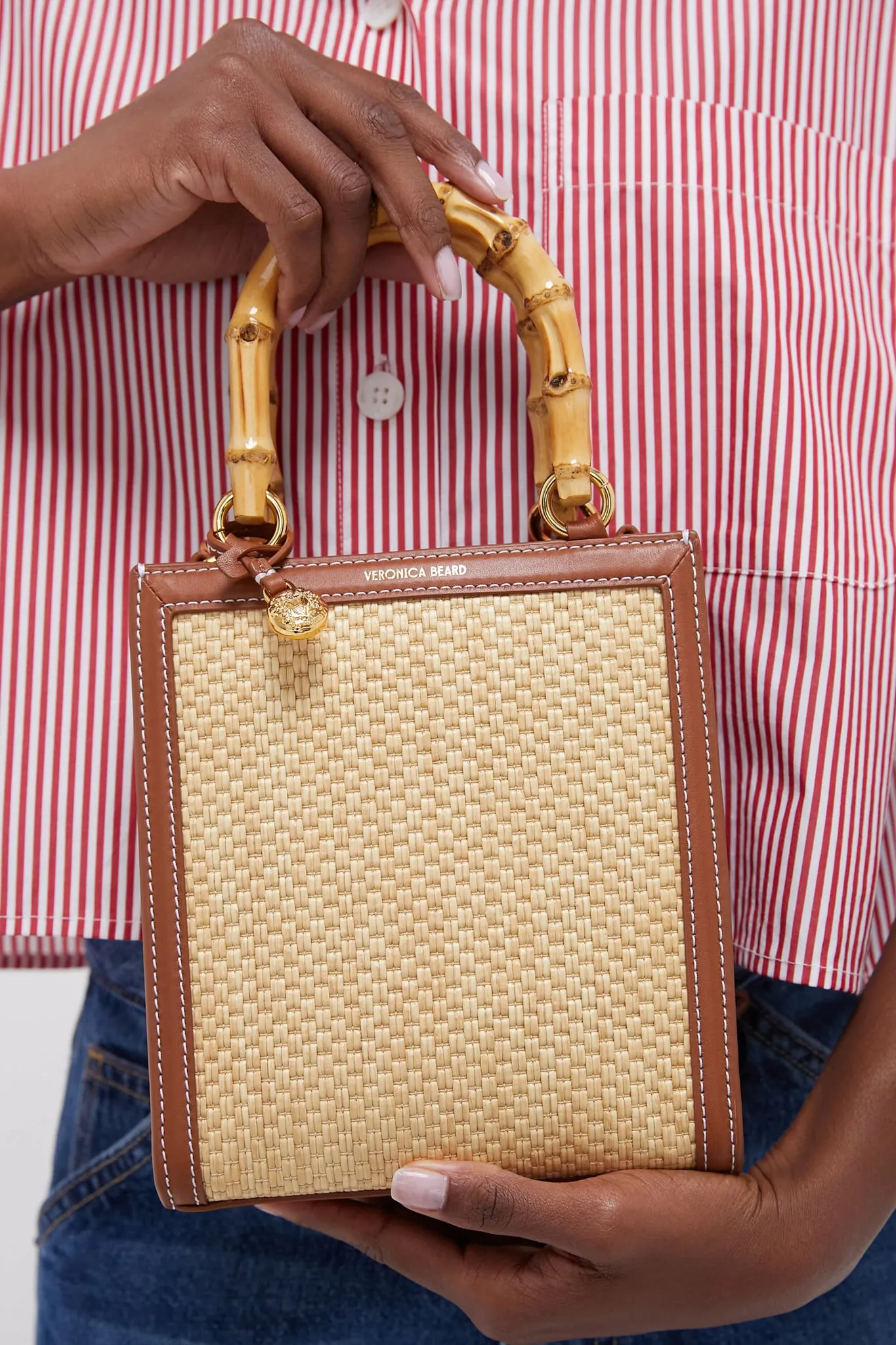 Beige and Hazelwood Small Raffia Bamboo Shopper
