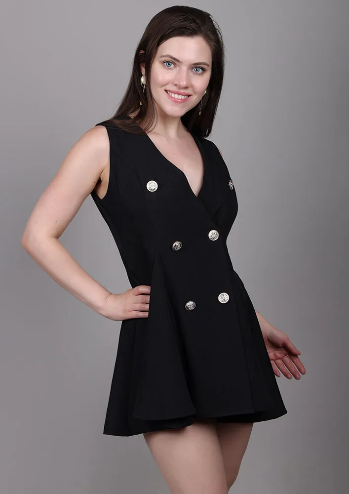 Black Buttoned A-Line Dress