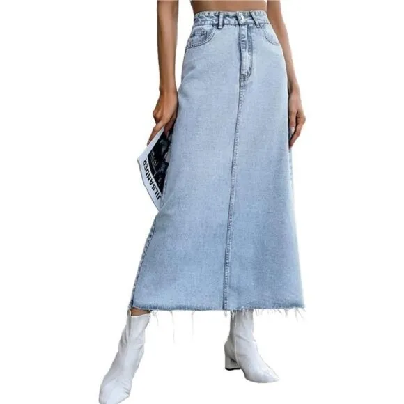 Blue Light Wash Long Denim Midi Skirt High Waist Frayed Raw Hem Jean Skirt