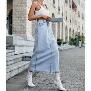 Blue Light Wash Long Denim Midi Skirt High Waist Frayed Raw Hem Jean Skirt