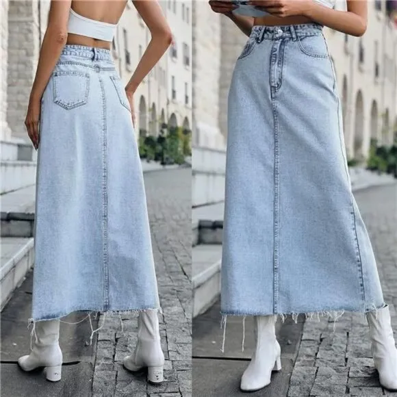 Blue Light Wash Long Denim Midi Skirt High Waist Frayed Raw Hem Jean Skirt