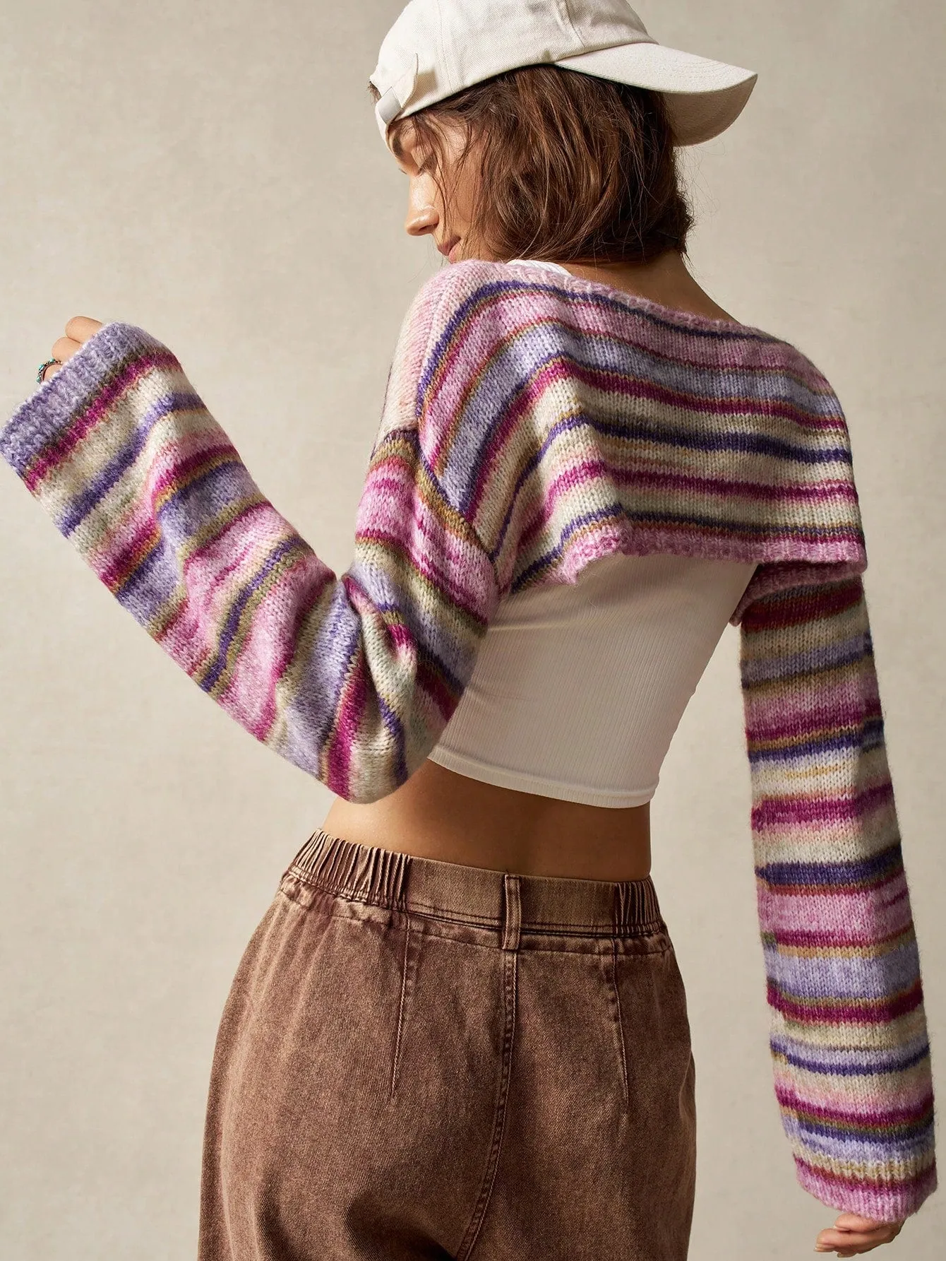 BohoFeels Women's Stripe Round Collar Cropped Sweater, Vacation