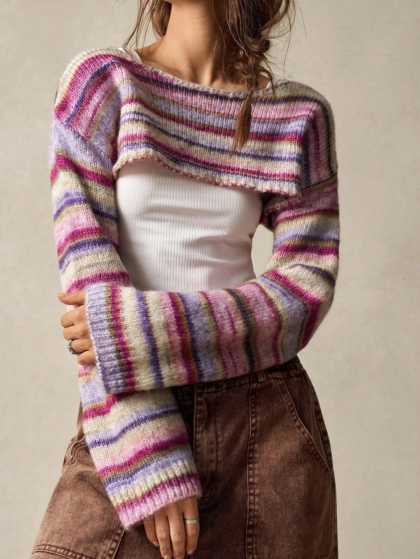 BohoFeels Women's Stripe Round Collar Cropped Sweater, Vacation