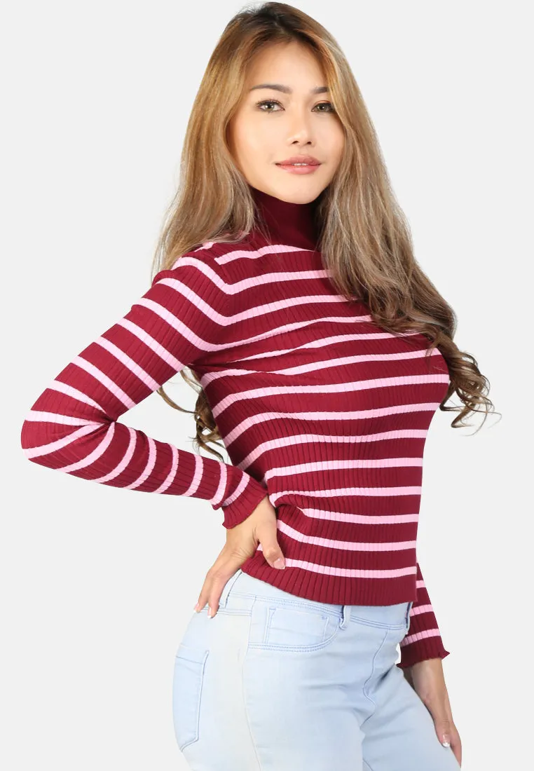 Burgundy Turtleneck Striped Sweater