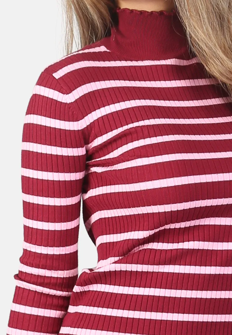 Burgundy Turtleneck Striped Sweater