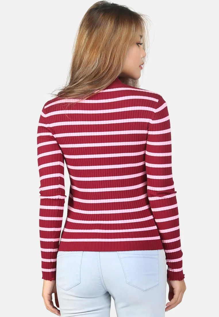 Burgundy Turtleneck Striped Sweater