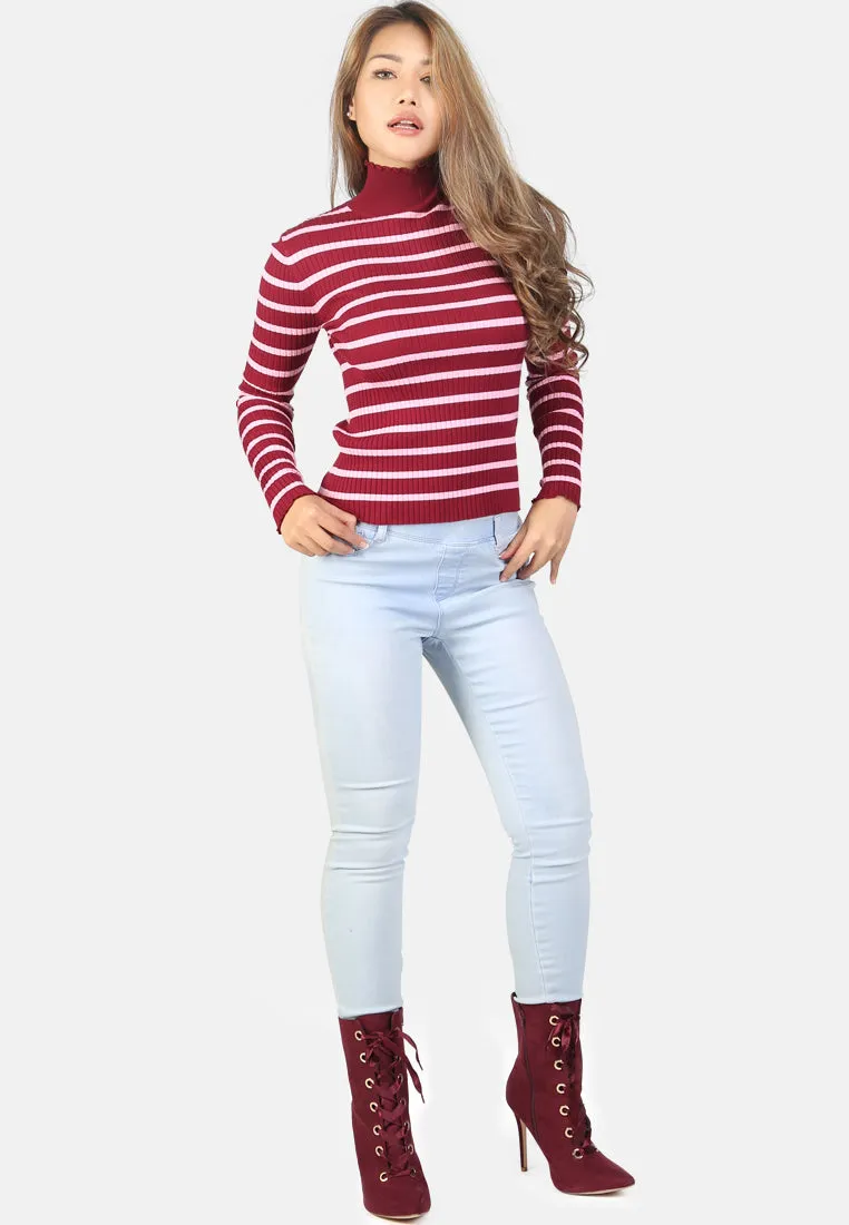 Burgundy Turtleneck Striped Sweater