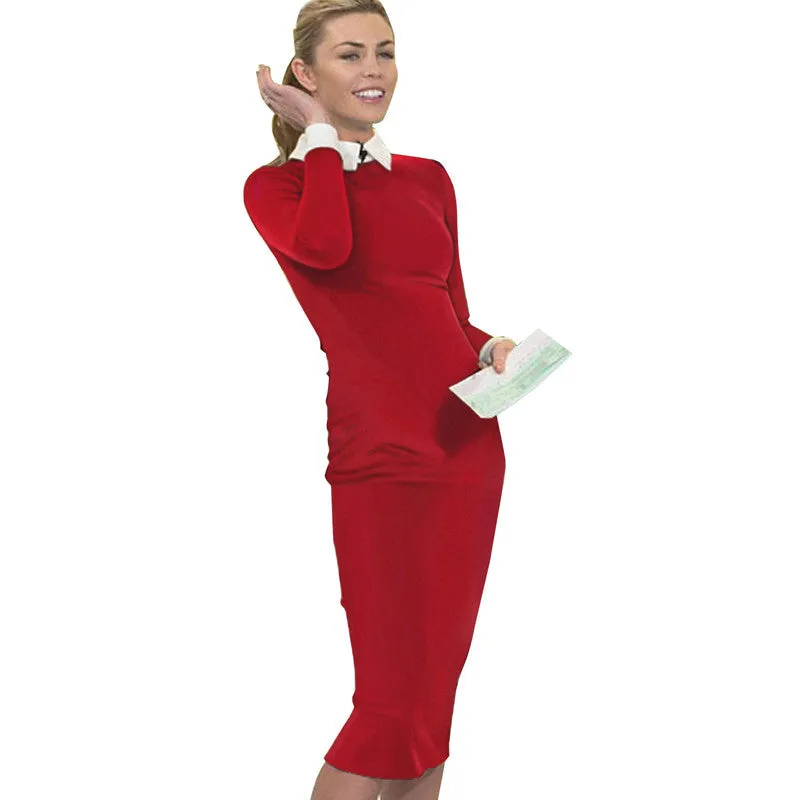 Career Women Autumn Turn-down Collar Fit Work Dress Vintage Elegant Business office Pencil bodycon Midi Dress 751