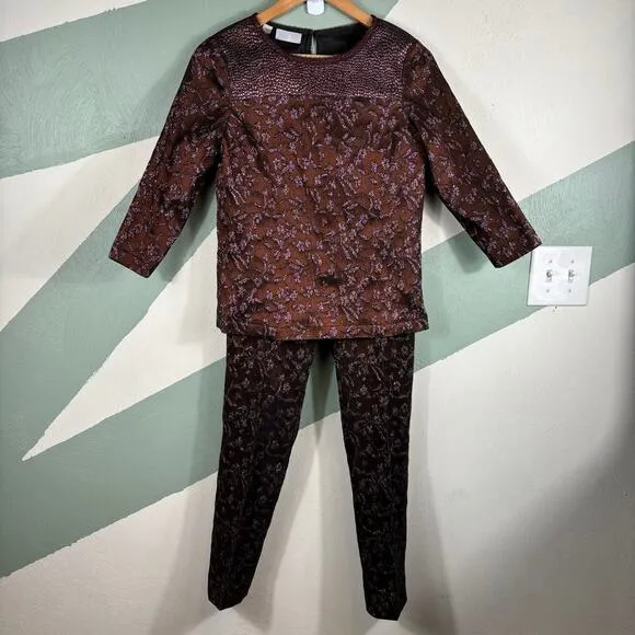 Carlisle New York Women  2 Red Wine Floral Side Zip Top and Pants Evening Wear